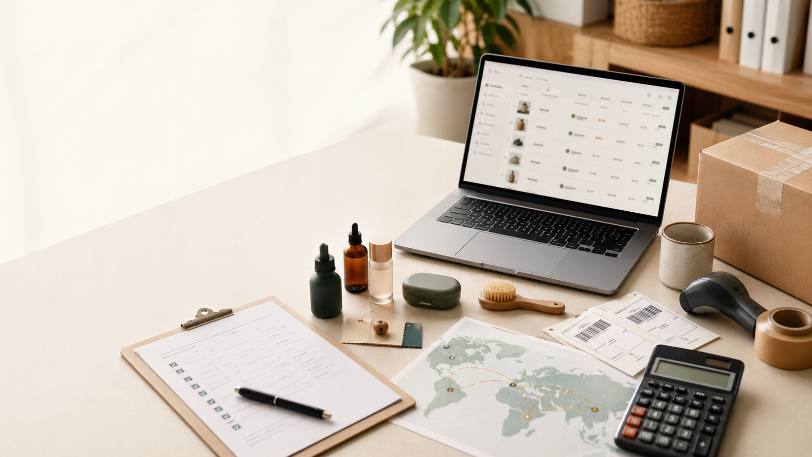 Organized sourcing desk with product samples, checklist, shipping labels, and laptop