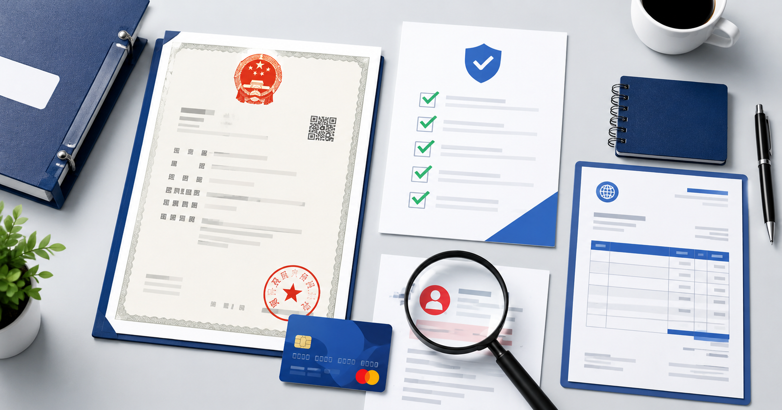 Supplier verification documents, checklist, payment account review, and proforma invoice for checking a Chinese supplier before payment