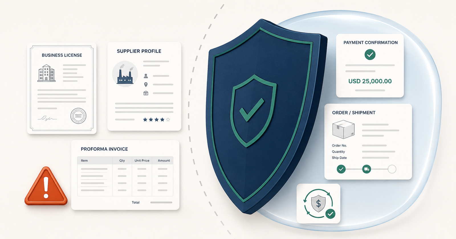 Order protection shield covering payment and shipment documents while supplier verification documents remain outside the shield