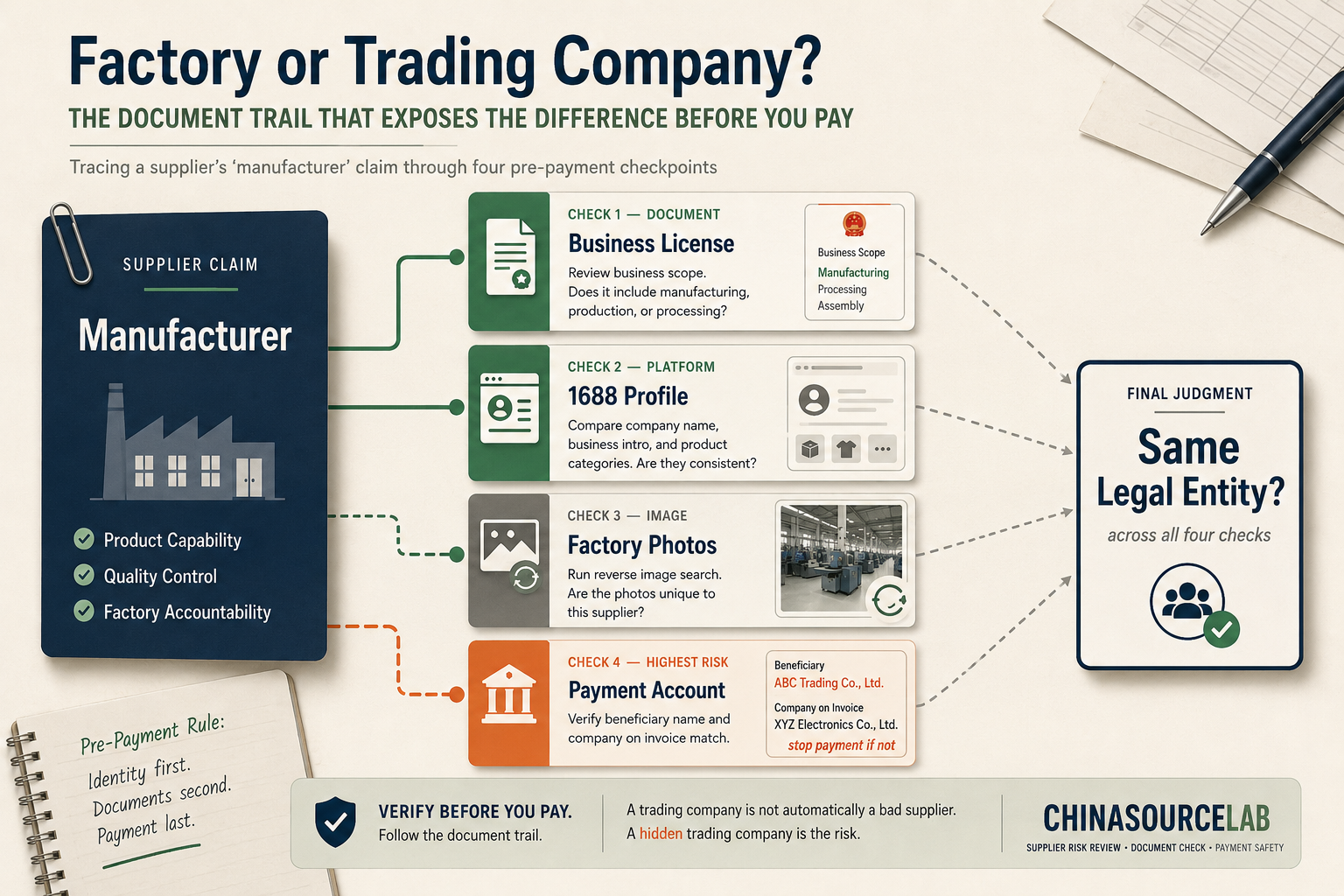 Document trail for checking whether a Chinese supplier is a factory or trading company before payment